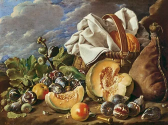 Stillleben mit Feigen, Weidenkorb, Kürbis, Brot, Weinschlauch und Messer